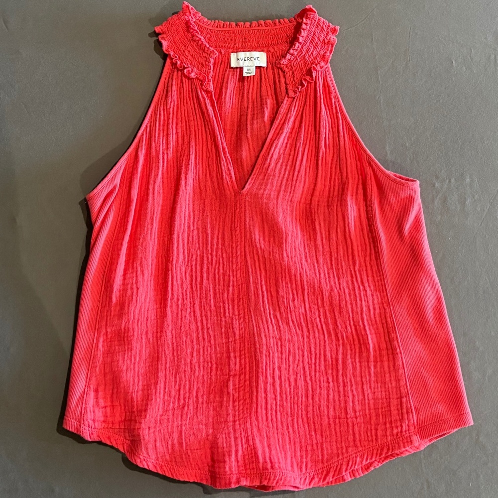 Evereve Womens Serena Gauze Red Cotton Sleeveless Split Neck Blouse Top